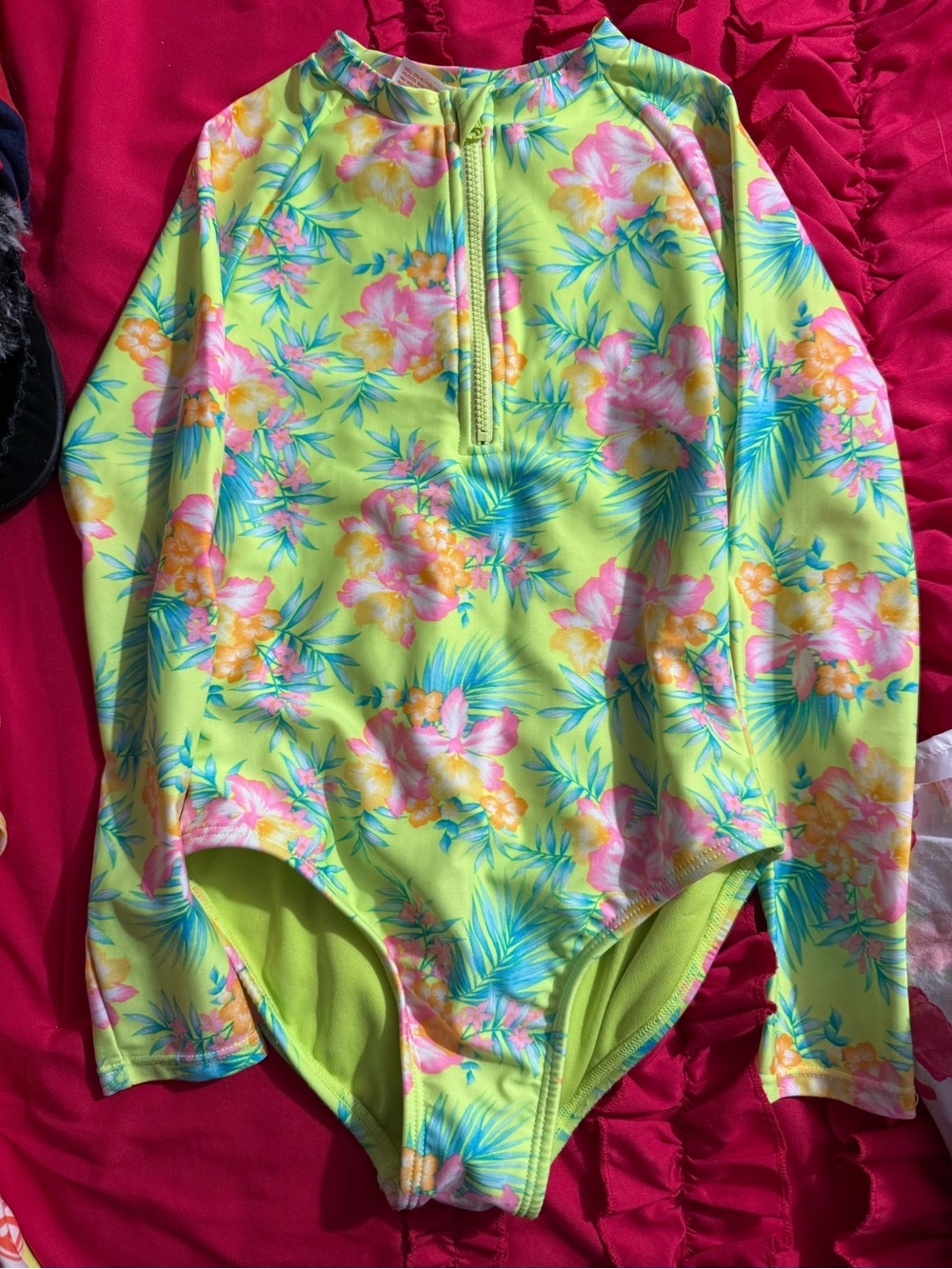 Cat & Jack Neon Yellow Tropical Floral Long-Sleeve Rashguard
